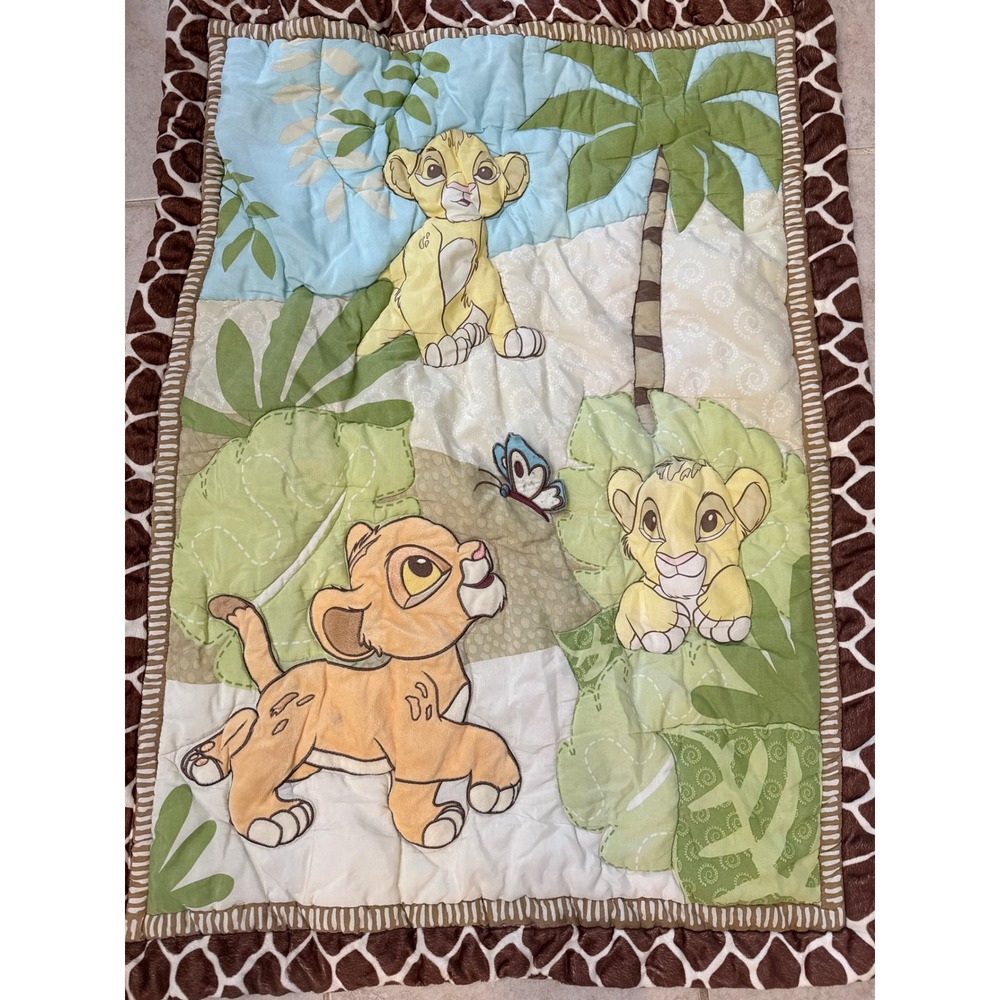 Disney Lion King Simba Jungle Safari Baby Quilt Blanket Applique Green Brown